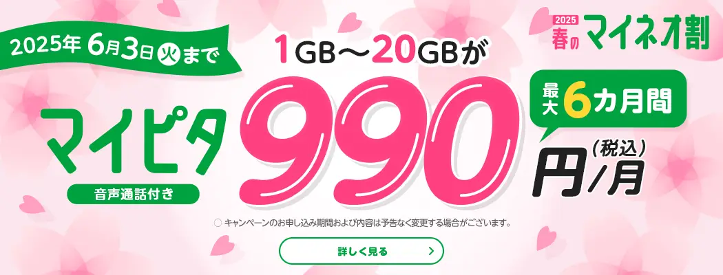 2025春のマイネオ割 マイピタ（音声通話付き）1GB~20GBが最大6カ月間990円(税込)/月 2025年6月3日(火)まで 〇キャンペーンのお申し込み期間および内容は予告なく変更する場合がございます。