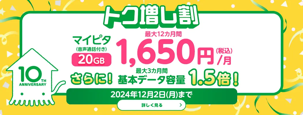 トク増し割　マイピタ（音声通話付き）20GB 最大12カ月間1,650円（税込）/月　さらに！最大3カ月間基本データ容量1.5倍！　2024年12月2日（月）まで