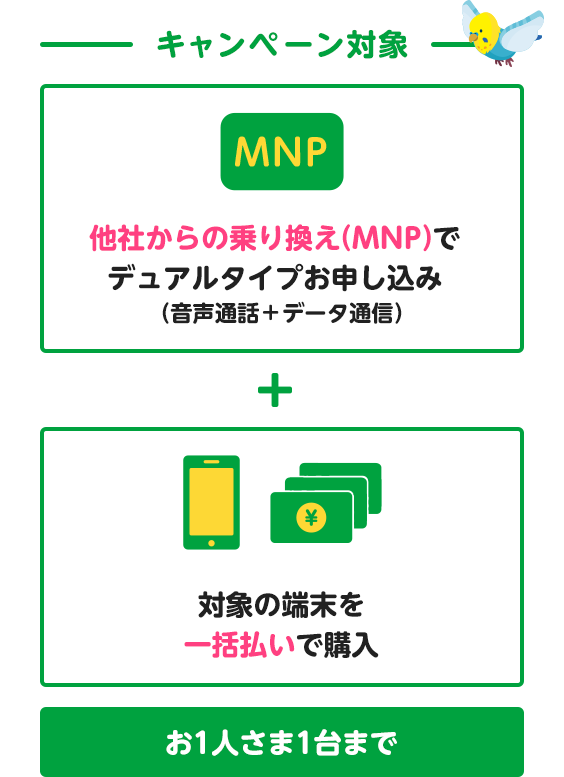 キャンペーン対象 他社からの乗り換え(MNP)でデュアルタイプお申し込み（音声通話＋データ通信） + 対象の端末を一括払いで購入 お1人さま1台まで