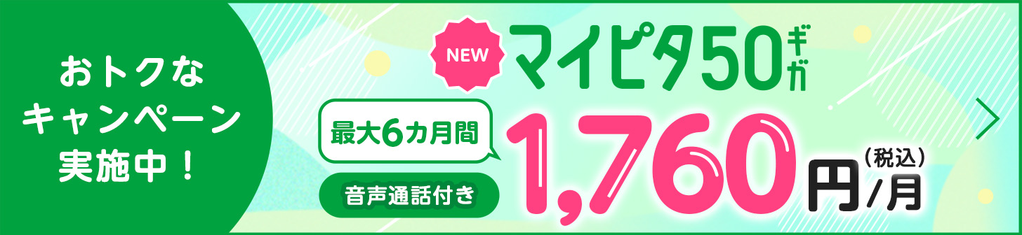 おトクなキャンペーン実施中！NEW マイピタ50GB 最大6カ月間 音声通話付き 1,760円（税込）/月