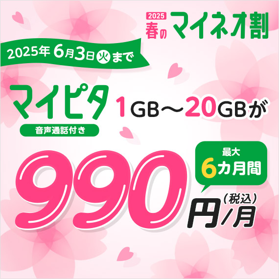 2025 春のマイネオ割 2025年6月3日（火）まで マイピタ 音声通話付き 1GB～20GBが最大6カ月間990円（税込）/月