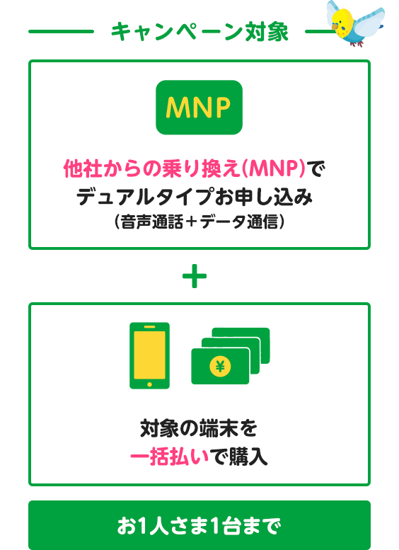 キャンペーン対象 他社からの乗り換え(MNP)でデュアルタイプお申し込み（音声通話＋データ通信） + 対象の端末を一括払いで購入 お1人さま1台まで