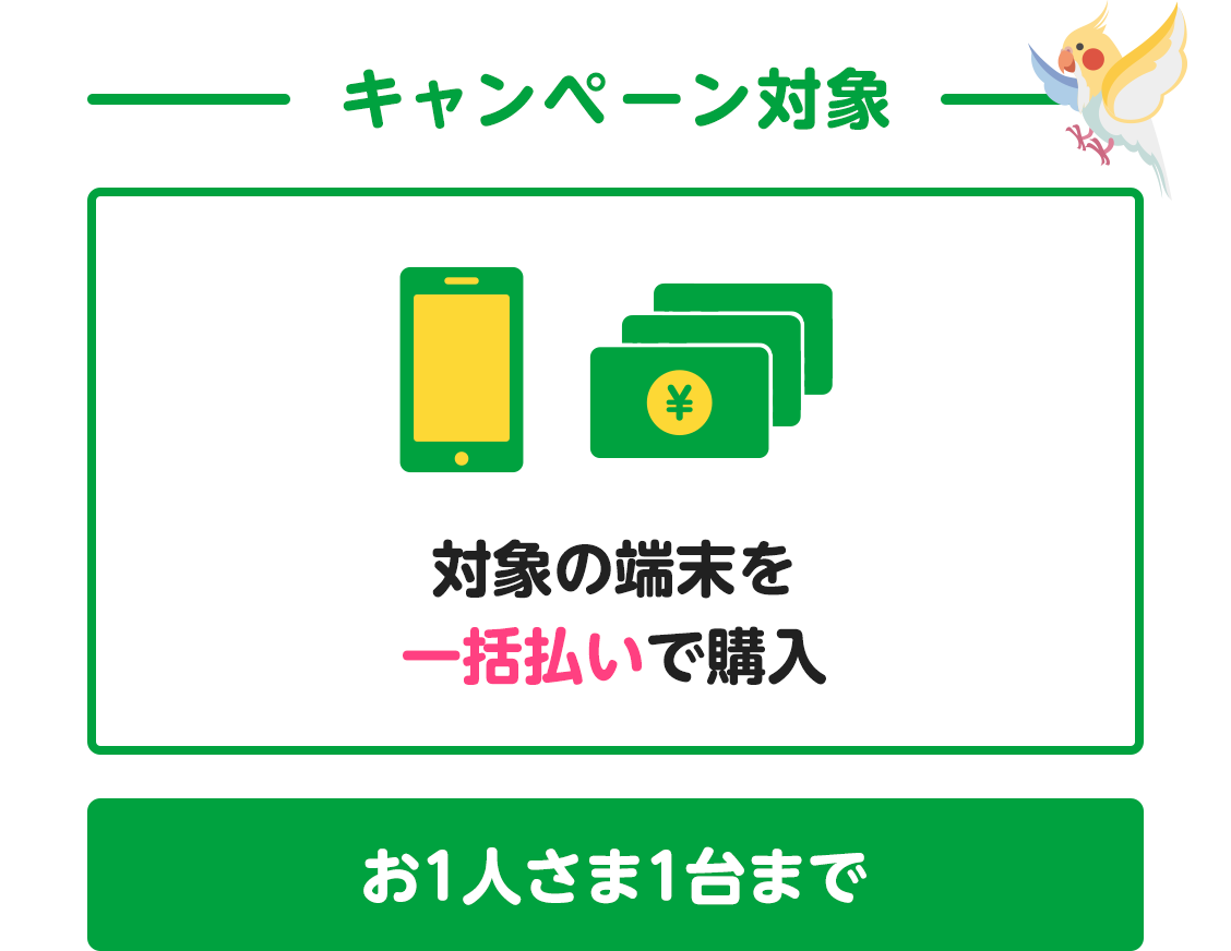 キャンペーン対象 対象の端末を一括払いで購入 お1人さま1台まで