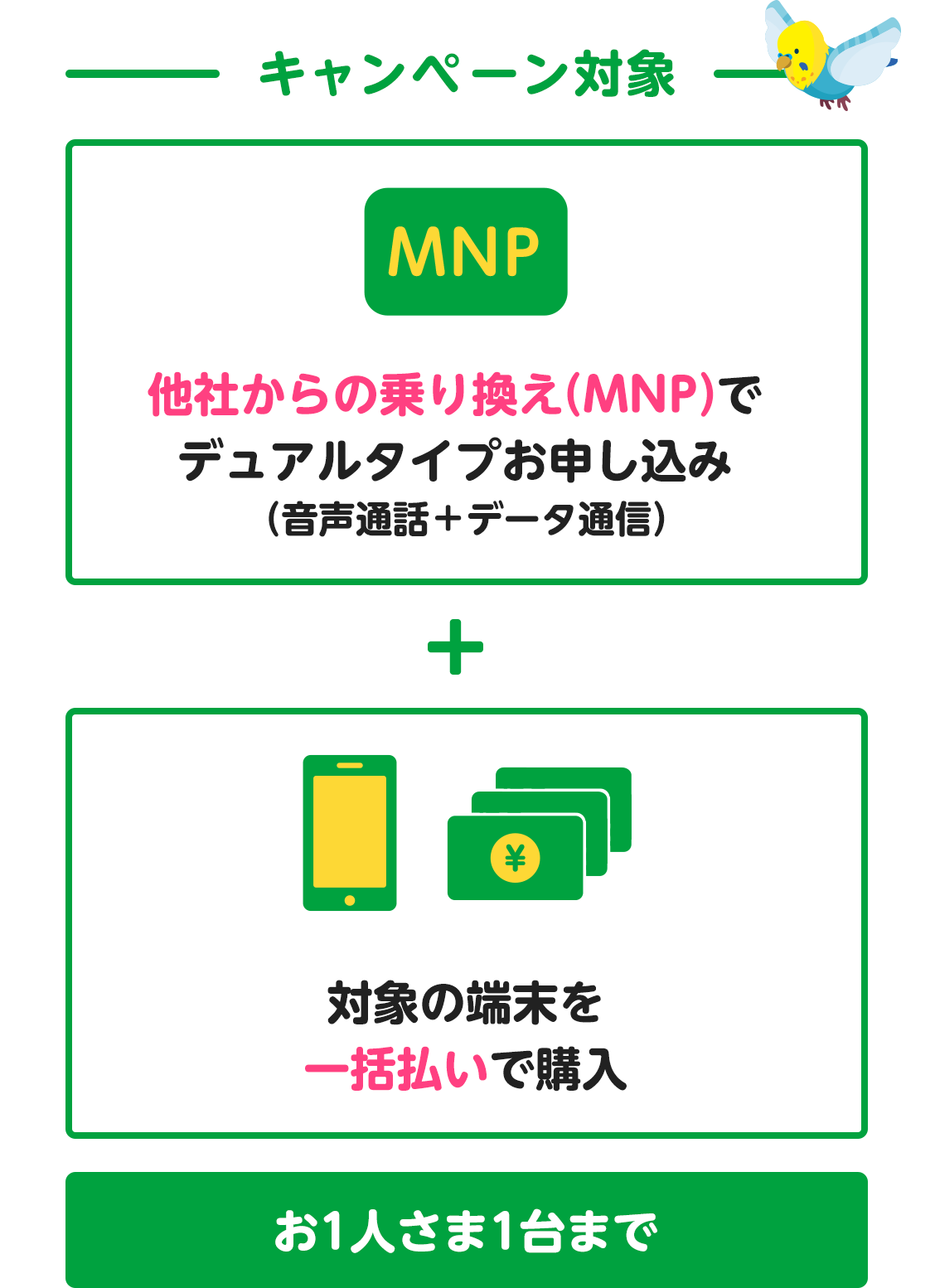 キャンペーン対象 他社からの乗り換え(MNP)でデュアルタイプお申し込み（音声通話＋データ通信） + 対象の端末を一括払いで購入 お1人さま1台まで
