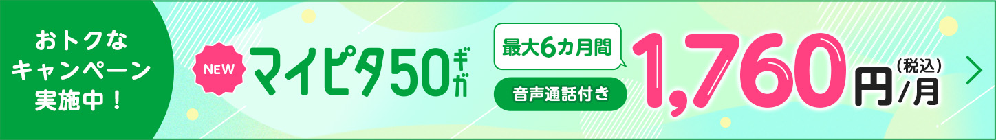 おトクなキャンペーン実施中！NEW マイピタ50GB 最大6カ月間 音声通話付き 1,760円（税込）/月