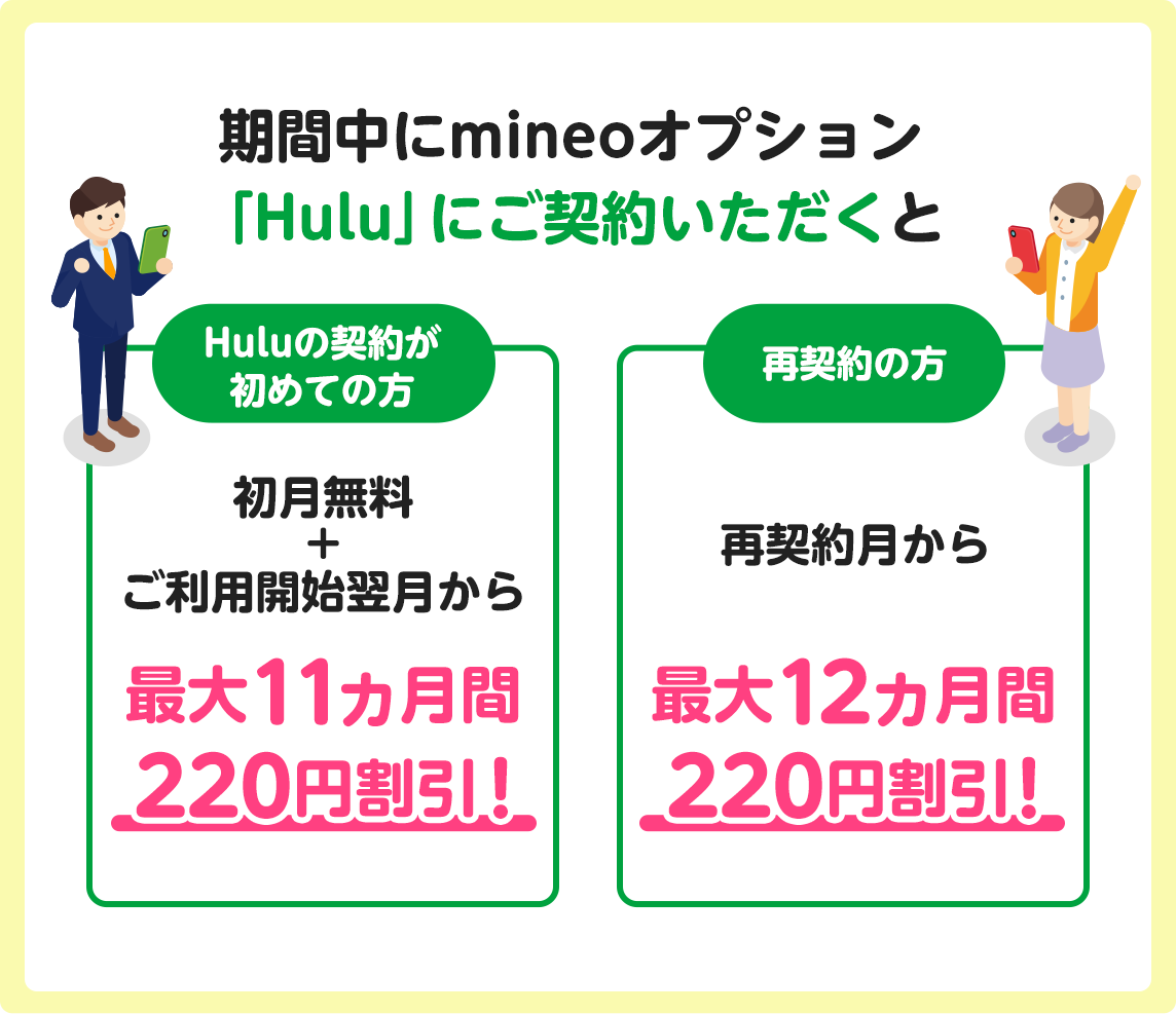 期間中にmineoオプション「Hulu」にご契約いただくとHuluの契約が初めての方 初月無料＋ご利用開始翌月から最大11カ月間220円割引！ 再契約の方 再契約月から最大12カ月間220円割引！