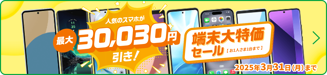 人気のスマホが最大30,030円引き！ 端末大特価セール【お1人さま1台まで】 2025年3月31日（月）まで