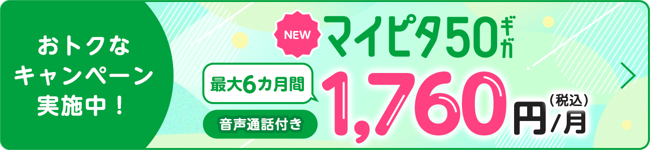 おトクなキャンペーン実施中！NEW マイピタ50ギガ 最大6カ月間 音声通話付き 1,760円（税込）/月