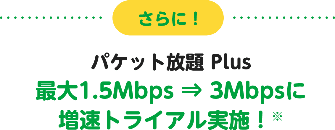 さらに！パケット放題 Plus最大1.5Mbps ⇒ 3Mbpsに増速トライアル実施！※