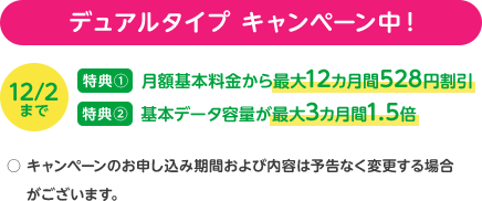 デュアルタイプ キャンペーン中！ 12/2まで 特典1 月額基本料金から最大12カ月間528円割引 特典2 基本データ容量が最大3カ月間1.5倍 キャンペーンのお申込み期間および内容は予告なく変更する場合がございます