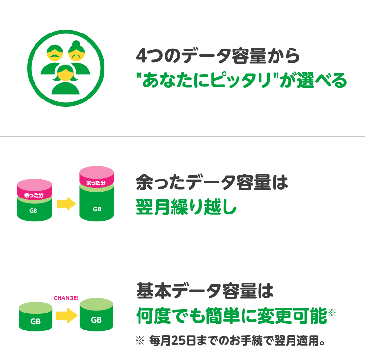 4つのデータ容量から“あなたにピッタリ”が選べる / 余ったデータ容量は翌月繰り越し / 基本データ容量は何度でも簡単に変更可能※毎月25日までのお手続きで翌月適用。