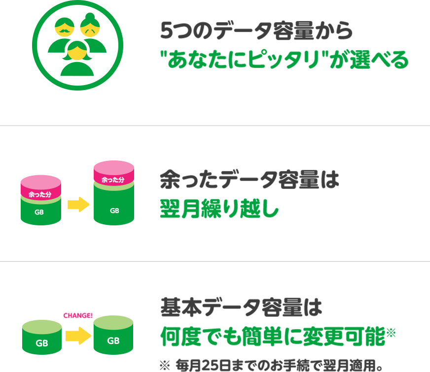 5つのデータ容量から“あなたにピッタリ”が選べる / 余ったデータ容量は翌月繰り越し / 基本データ容量は何度でも簡単に変更可能※毎月25日までのお手続きで翌月適用。